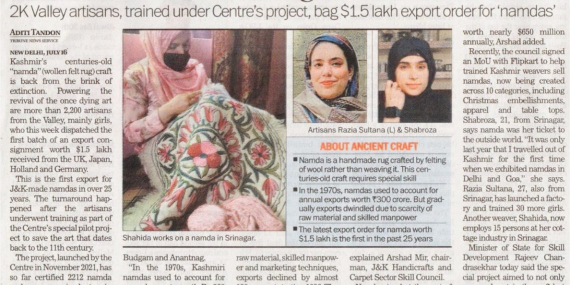 وزیر اعظم نے کشمیر کی صدیوں پرانی ‘نمدا’ دستکاری کے احیاء پر مضمون شیئر کیا