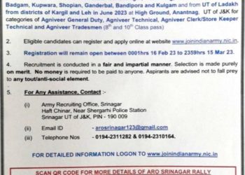 ONLINE REGISTERATION COMMENCES FOR AGNIVEER RECRUITMENT RALLY 2023 FOR UT OF J&K AND LADAKH