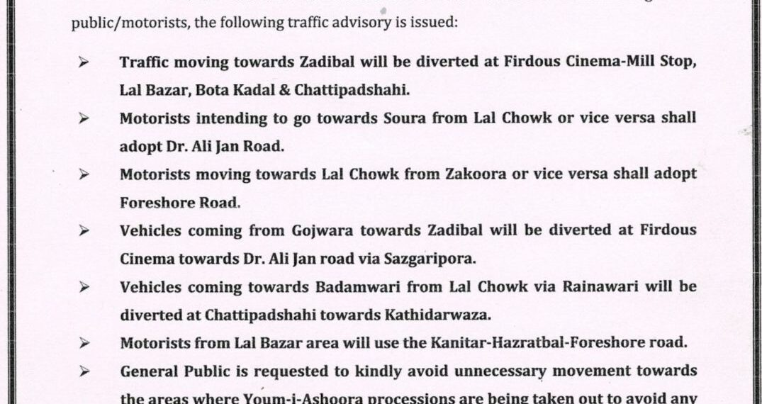 Authorities issue Traffic Advisory for Youm-i-Ashoora in Srinagar areas