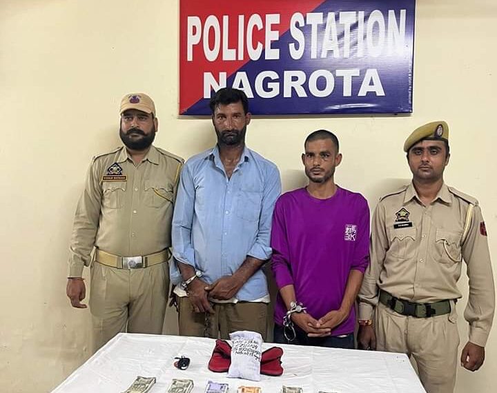 Two notorious drug peddlers arrested,305 grams of Heroin(Chitta),Cash amounting to 1,98400- recovered from their possession,01 vehicle seized by JKP in the JD of Police Station Nagrota.