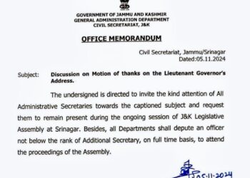 J&K Govt issues directive for administrative secretaries to attend Legislative Assembly session in Srinagar