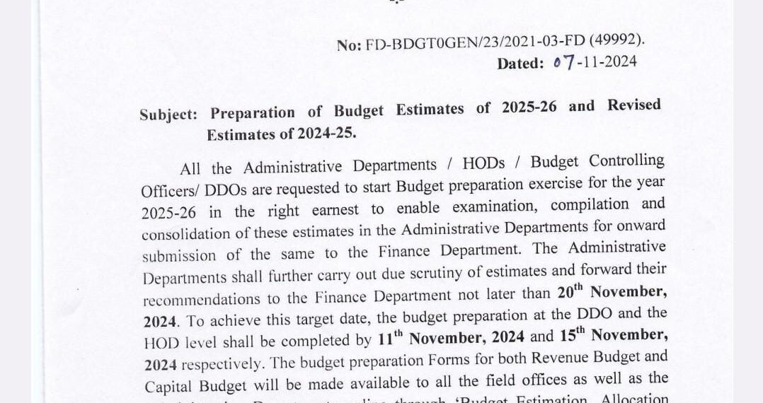 J&K Govt initiates budget preparation for fiscal year 2025-26 ‘Finance Dept sets Nov deadlines for budget estimates’