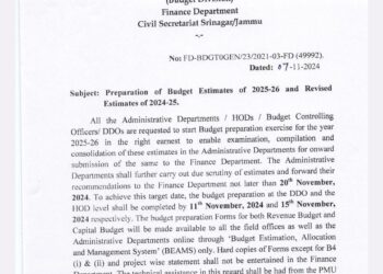 J&K Govt initiates budget preparation for fiscal year 2025-26 ‘Finance Dept sets Nov deadlines for budget estimates’