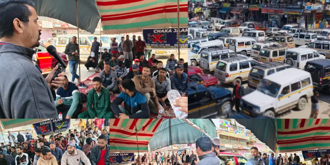 Transporters’ Strike Against Expansion of Smart City Bus Services at Budgam’s Magam, held protest
