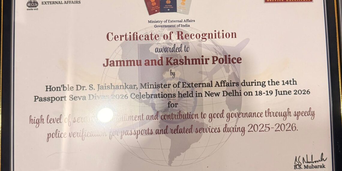 J&K Police Bags National Passport Seva Award for Second Consecutive Year