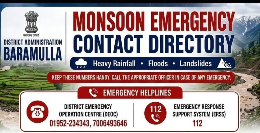 Baramulla Administration Issues Monsoon Emergency Contact Directory, Urges Public to Stay Alert