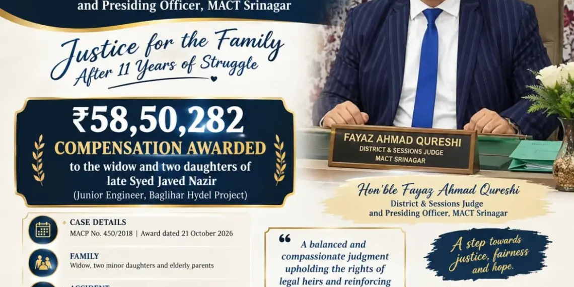 JUSTICE AFTER 11 YEARS: MACT SRINAGAR AWARDS ₹58.50 LAKH COMPENSATION TO FAMILY OF DECEASED BAGLIHAR HYDEL PROJECT ENGINEERTribunal Upholds Right of Widow and Two Daughters to Compensation; Awards 9% Annual Interest in 2013 Road Accident Case: