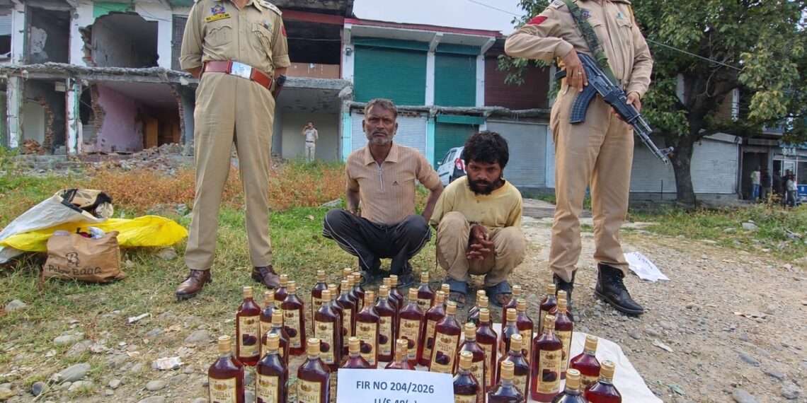 J&K POLICE IN SHOPIAN ARREST TWO BOOTLEGGERS; 43 BOTTLES OF ILLICIT LIQUOR RECOVERED