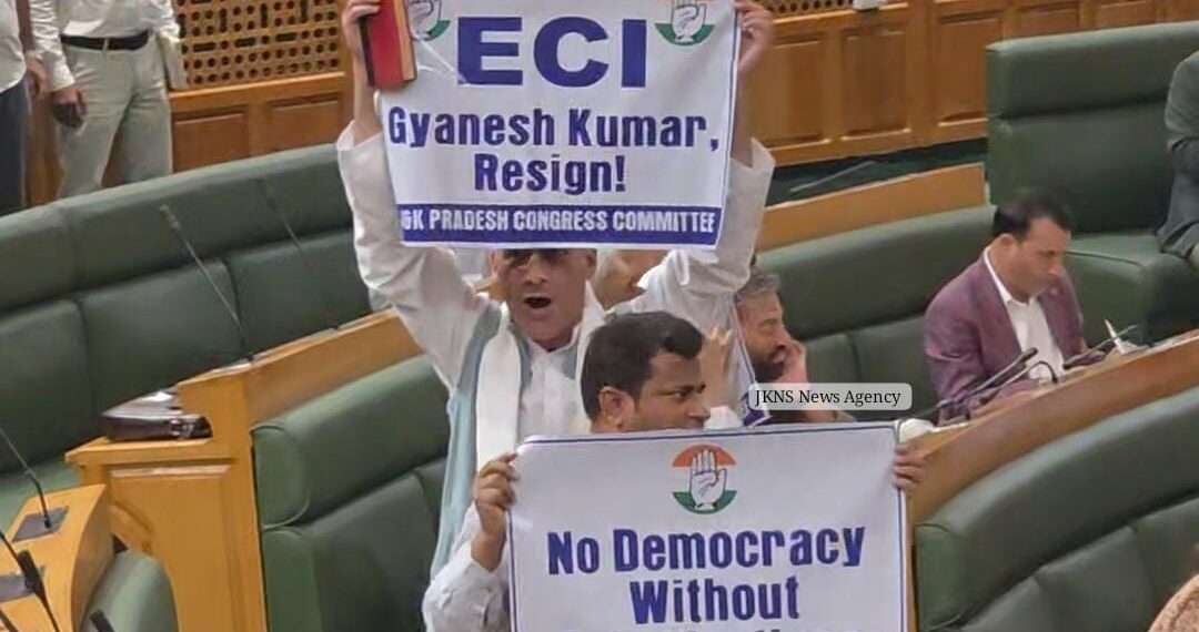 Congress MLAs Display Banners Seeking CEC Gyanesh Kumar’s Resignation In J&K Assembly