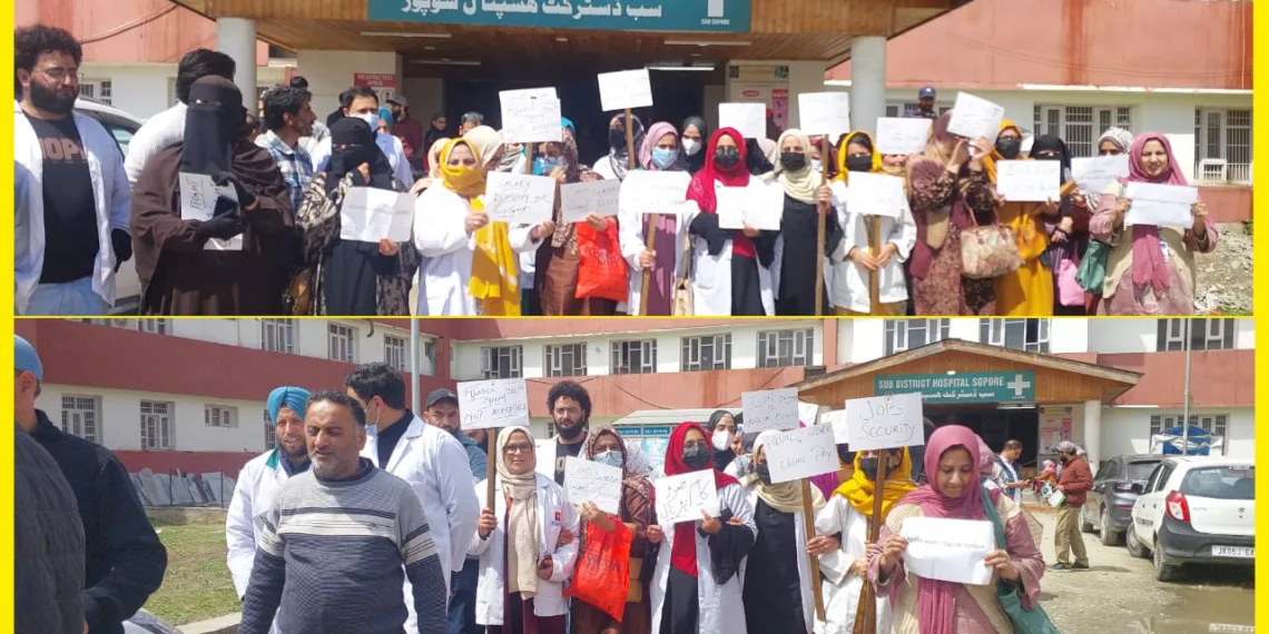 NHM employees commence 48-hour sit-in in SDH Sopore to press for their demands